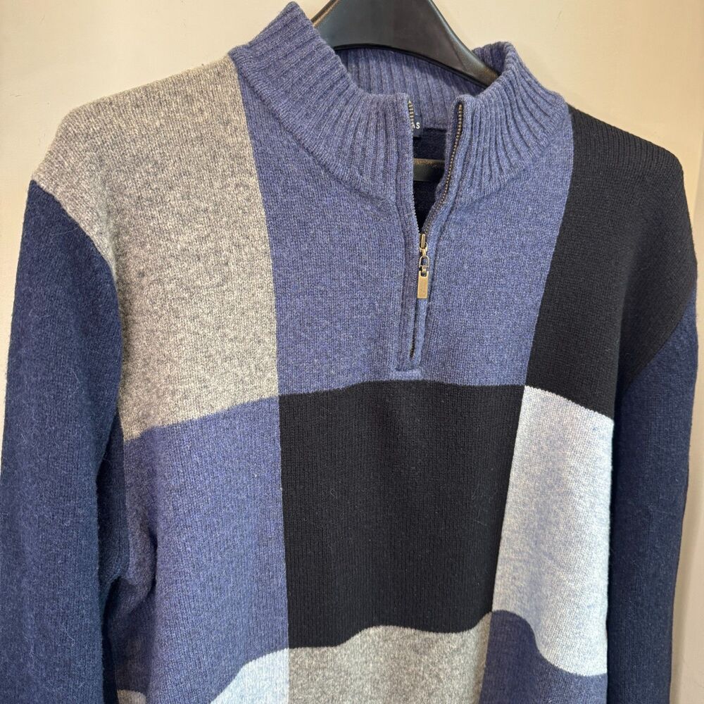 Stylish Men's Grant Thomas Blue / Grey Wool Colorblock Sweater - Size L, 3/4 Zip - Picture 2 of 7